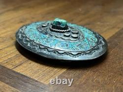 Boucle de ceinture en argent sterling Navajo vintage faite main avec turquoise Juan T Singer