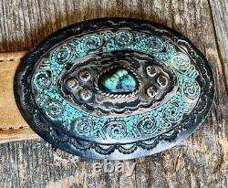 Boucle de ceinture en argent sterling Navajo vintage faite main avec turquoise Juan T Singer