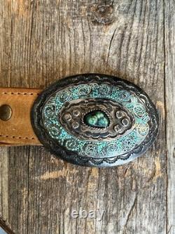 Boucle de ceinture en argent sterling Navajo vintage faite main avec turquoise Juan T Singer
