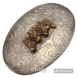 Boucle de ceinture en argent sterling gravée Diablo Vintage avec 3 têtes de cheval.