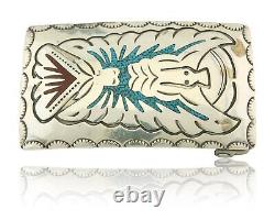 Boucle de ceinture vintage Navajo en argent sterling 925, faite à la main avec pierres précieuses incrustées, signée B
