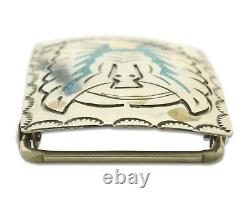 Boucle de ceinture vintage Navajo en argent sterling 925, faite à la main avec pierres précieuses incrustées, signée B