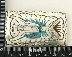 Boucle de ceinture vintage Navajo en argent sterling 925, faite à la main avec pierres précieuses incrustées, signée B