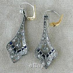 Boucles D'oreille Dormeuses Art Déco En Or Blanc 14 K Avec Diamants De 1,30 Ct, Saphir Et Or Blanc