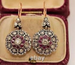 Boucles d'oreilles cadeau en argent 925 avec rubis vintage Art Déco et diamants créés en laboratoire