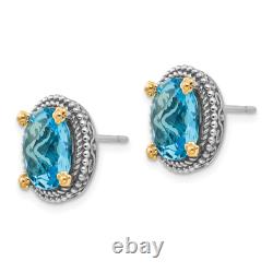 Boucles d'oreilles clous vintage ovales en topaze bleue suisse en argent sterling 925 et 14 carats