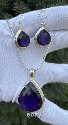 Boucles d'oreilles en argent sterling améthyste avec estampillage vintage et ensemble de collier en chaîne 925
