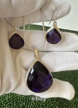 Boucles d'oreilles en argent sterling améthyste avec estampillage vintage et ensemble de collier en chaîne 925