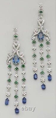 Boucles d'oreilles lustre victorien vintage en argent sterling 925 émeraude et saphir 9CM