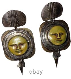 Boucles d'oreilles pendantes artisanales en argent sterling vintage Tabra avec figure céleste perforée