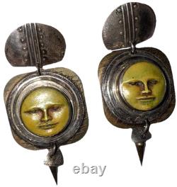 Boucles d'oreilles pendantes artisanales en argent sterling vintage Tabra avec figure céleste perforée