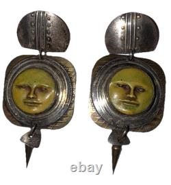 Boucles d'oreilles pendantes artisanales en argent sterling vintage Tabra avec figure céleste perforée