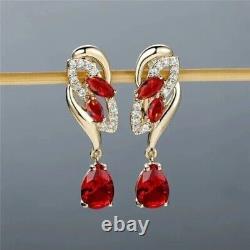 Boucles d'oreilles pendantes de 2 carats en or jaune plaqué 14 carats avec rubis rouge synthétique pour femme