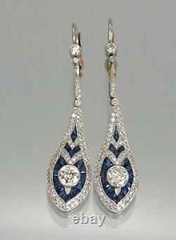 Boucles d'oreilles pendantes de mariage en argent avec diamants de style Art Déco vintage et bordure de milgrain de 4 carats