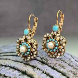 Boucles d'oreilles pendantes en perle de fleur et turquoise pour femme, en argent sterling 925 créé en laboratoire.