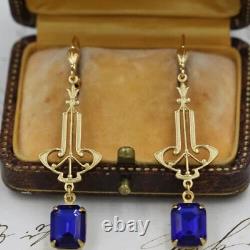 Boucles d'oreilles pendantes vintage en argent sterling 925 Art Déco avec saphir bleu créé en laboratoire