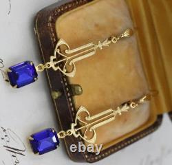 Boucles d'oreilles pendantes vintage en argent sterling 925 Art Déco avec saphir bleu créé en laboratoire