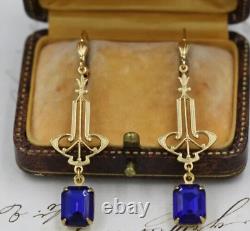 Boucles d'oreilles pendantes vintage en argent sterling 925 Art Déco avec saphir bleu créé en laboratoire