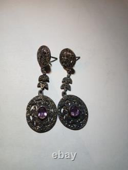 Boucles d'oreilles pendantes vintage en argent sterling 925 avec améthyste et marcasite