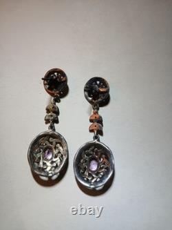 Boucles d'oreilles pendantes vintage en argent sterling 925 avec améthyste et marcasite
