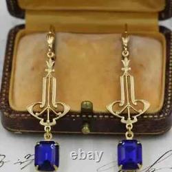 Boucles d'oreilles pendantes vintage en argent sterling 925 de 4 ct avec saphirs bleus créés en laboratoire