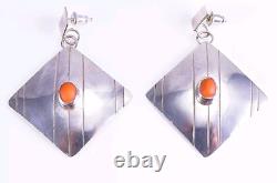 Boucles d'oreilles vintage en argent sterling 925 avec corail en forme carrée, signées H. Wood