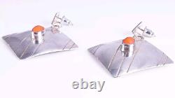Boucles d'oreilles vintage en argent sterling 925 avec corail en forme carrée, signées H. Wood