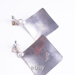 Boucles d'oreilles vintage en argent sterling 925 avec corail en forme carrée, signées H. Wood