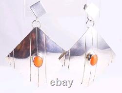 Boucles d'oreilles vintage en argent sterling 925 avec corail en forme carrée, signées H. Wood