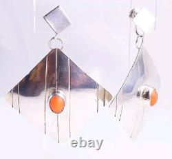 Boucles d'oreilles vintage en argent sterling 925 avec corail en forme carrée, signées H. Wood
