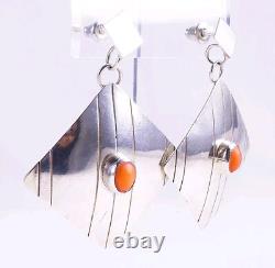 Boucles d'oreilles vintage en argent sterling 925 avec corail en forme carrée, signées H. Wood
