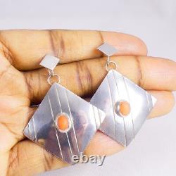 Boucles d'oreilles vintage en argent sterling 925 avec corail en forme carrée, signées H. Wood