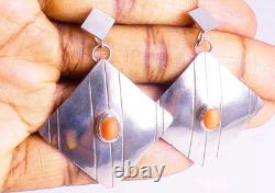 Boucles d'oreilles vintage en argent sterling 925 avec corail en forme carrée, signées H. Wood