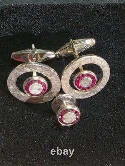 Boutons de manchette vintage en or sur argent sterling avec pierre rouge rubis de Da Vinci