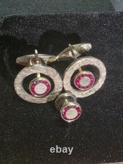 Boutons de manchette vintage en or sur argent sterling avec pierre rouge rubis de Da Vinci