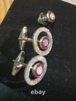 Boutons de manchette vintage en or sur argent sterling avec pierre rouge rubis de Da Vinci