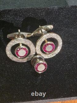 Boutons de manchette vintage en or sur argent sterling avec pierre rouge rubis de Da Vinci