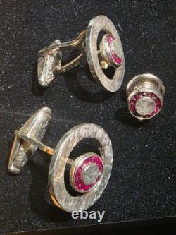 Boutons de manchette vintage en or sur argent sterling avec pierre rouge rubis de Da Vinci