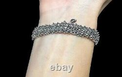 Bracelet Art Déco en argent sterling marcasite carré à trois rangées, longueur de 7,25 pouces