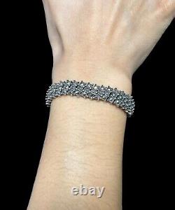 Bracelet Art Déco en argent sterling marcasite carré à trois rangées, longueur de 7,25 pouces