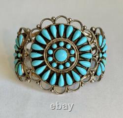 Bracelet De Manchette Vintage Native American Navajo Sterling Silver Turquoise Cluster