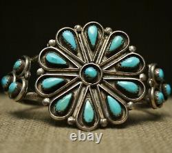 Bracelet De Manchette Vintage Native American Zuni Turquoise Sterling Silver Cluster