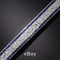 Bracelet En Argent 925 Avec Une Ligne De Diamants Et De Saphirs Bleus De Style Art Déco Vintage