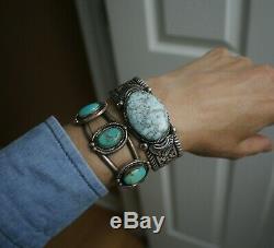Bracelet Manchette Fantaisie Vintage Amérindien Amérindien Navajo Turquoise En Argent Sterling