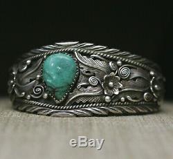 Bracelet Manchette Vintage En Argent Sterling, Navajo, Amérindien, Turquoise Foliée