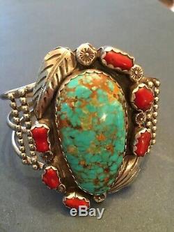 Bracelet Manchette Vtg En Argent Sterling Navajo Turquoise Cornaline Feather 7.5