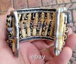 Bracelet Massif Vintage À La Main En Argent Sterling Dzi Perles 7 × 2 Rare Gorgeous