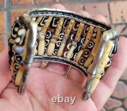 Bracelet Massif Vintage À La Main En Argent Sterling Dzi Perles 7 × 2 Rare Gorgeous