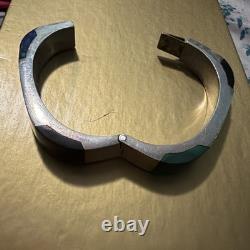 Bracelet Vintage en Argent Sterling 950 de Taxco avec Charnière en Malachite Épais et Lourd TD-27