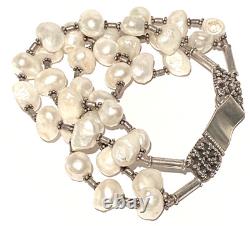 Bracelet à fermoir en perles d'eau douce à quatre rangs en argent sterling vintage